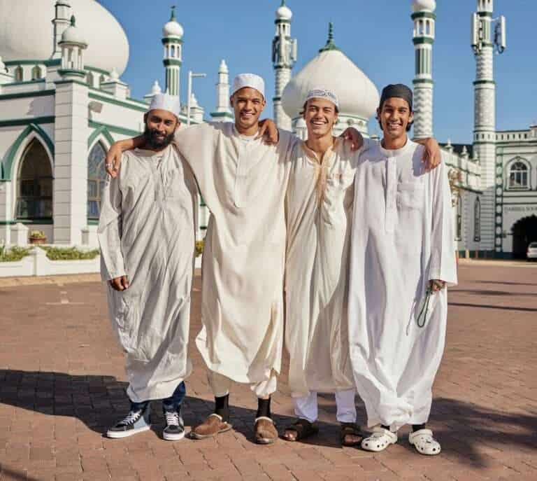 happy-hajj-and-muslim-men-at-a-mosque-to-pray-ramadan-faith-and-group-in-mekka-together-smile-r